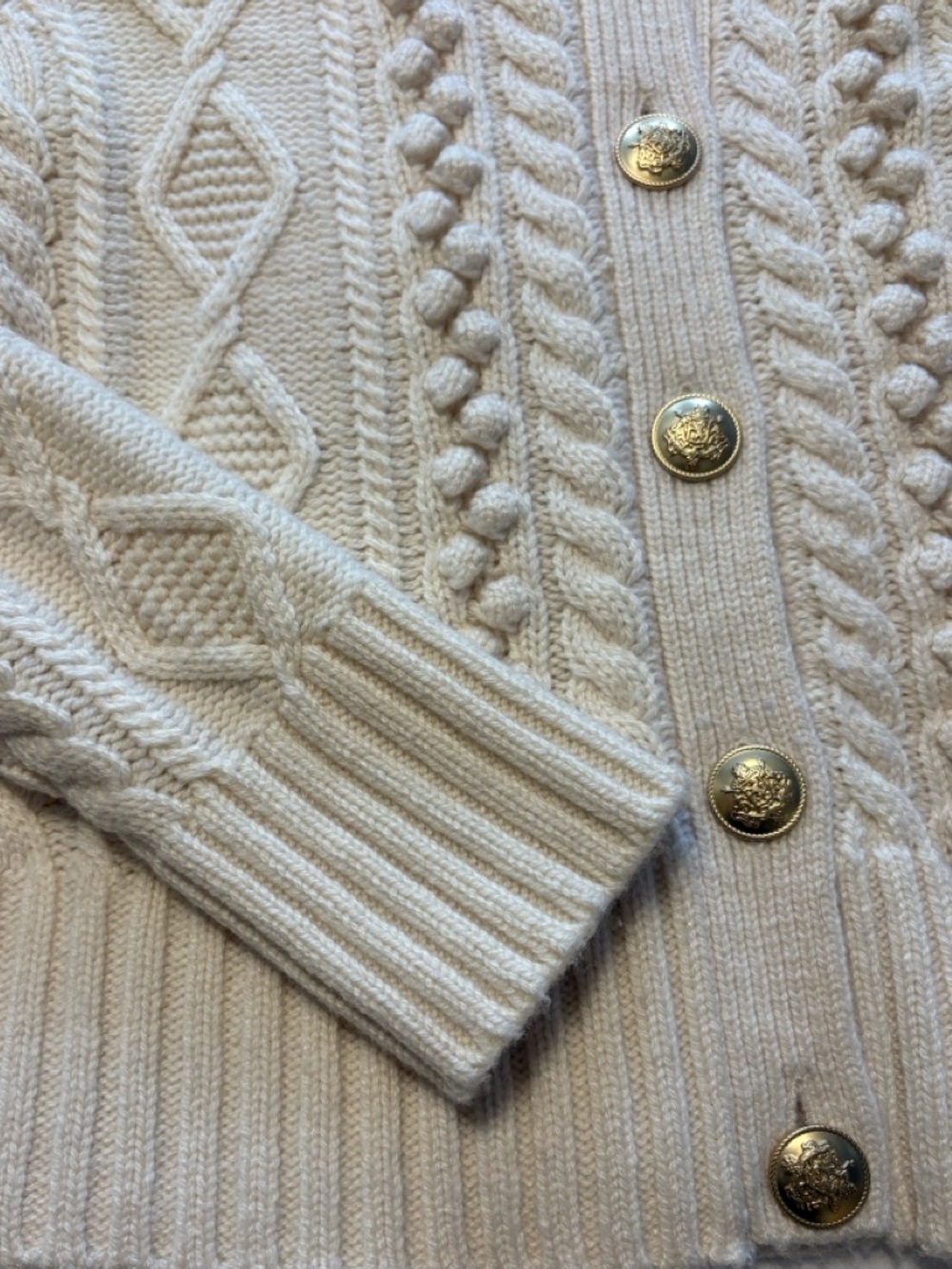 J. Crew Cable Knit Cardigan Sweater Size M Cream Gold Buttons Polished Office - Picture 8 of 8